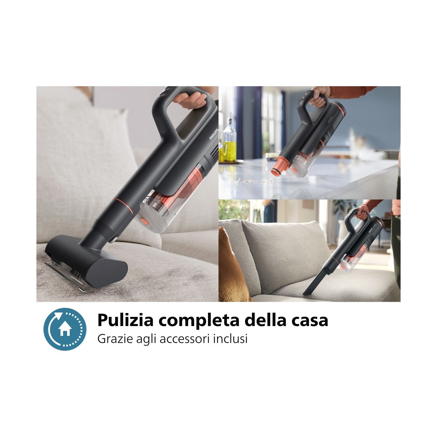 Aspirapolvere portatile in uso su un divano. Schema colori nero e arancione.