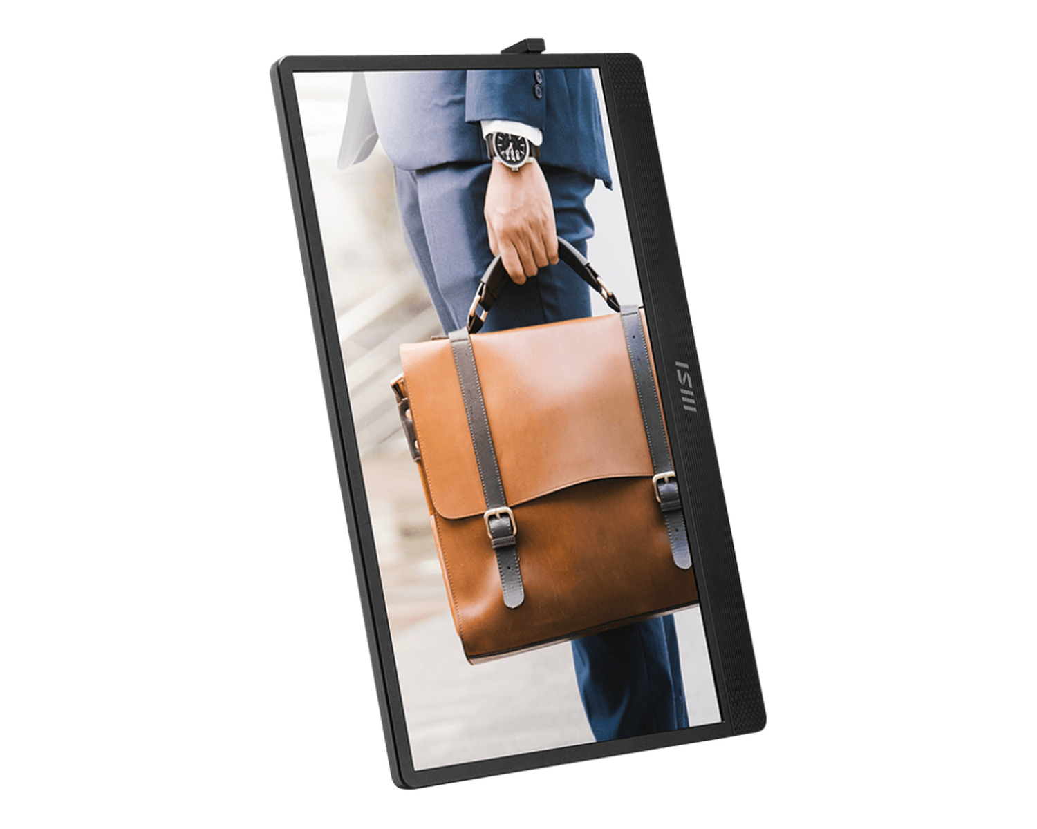 Un monitor de computadora que muestra a un hombre con un traje sosteniendo un maletín.
