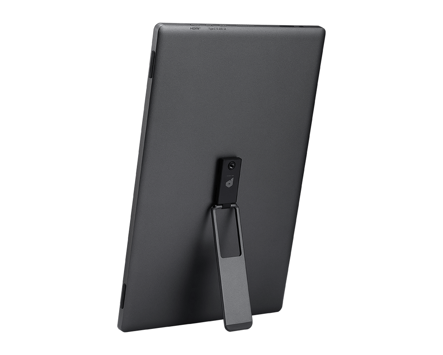 Tableta negra con soporte. Puertos HDMI y Tipo-C etiquetados. La parte trasera está en ángulo.