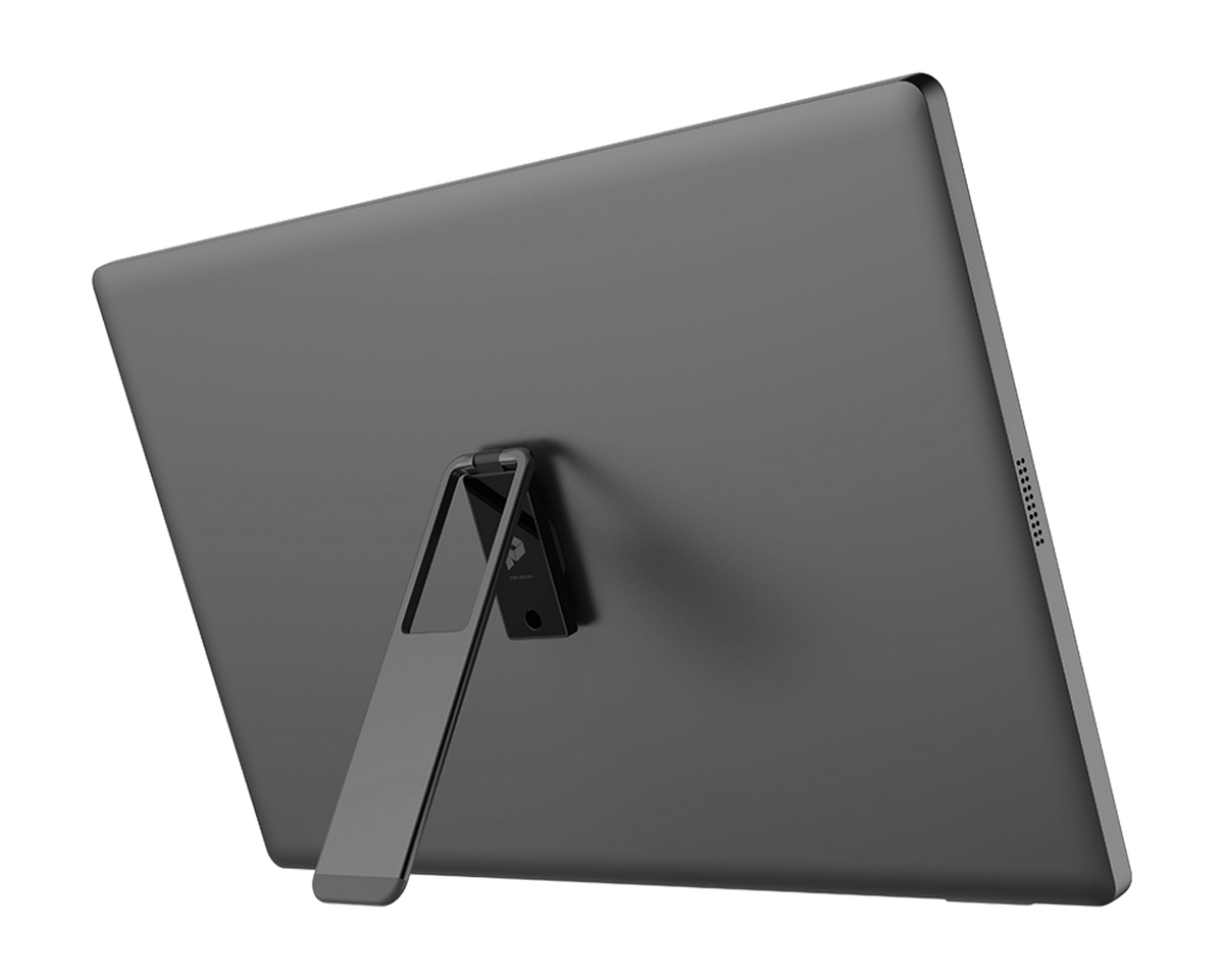 Un monitor de computadora gris oscuro con un soporte se muestra desde atrás. La parte trasera tiene un diseño elegante.