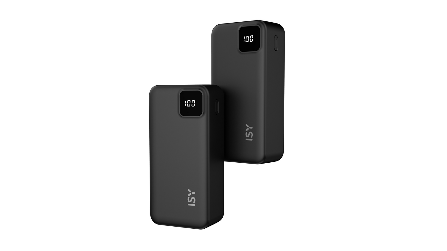 Dos power banks negros con pantallas digitales que muestran 100.