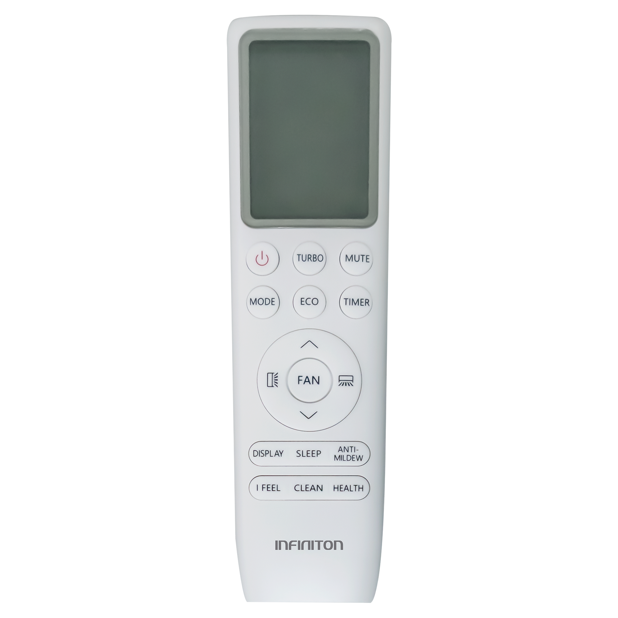 Un mando a distancia blanco con múltiples botones, incluyendo encendido, modo y temporizador.