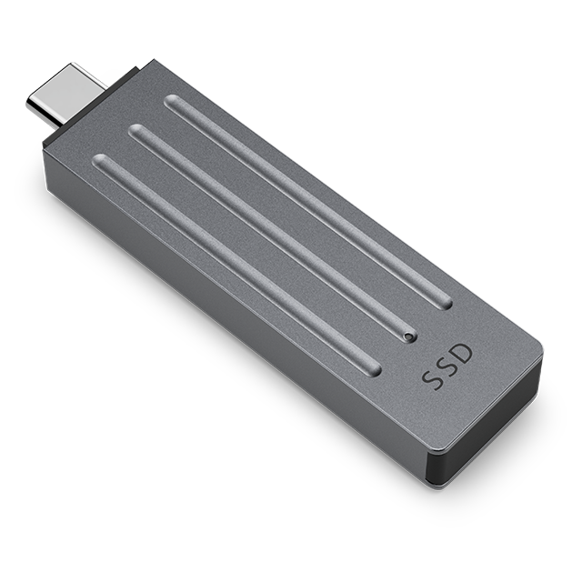 Unidad SSD gris con 'SSD' impreso y conector USB-C.