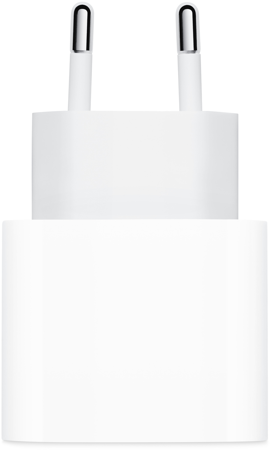 Fehér Apple töltő két ezüst csatlakozóval, fehér háttéren.