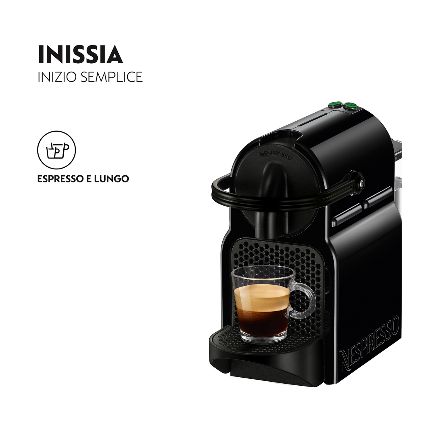 Macchina da caffè Nespresso nera con opzioni espresso e lungo. Tazza di vetro davanti.