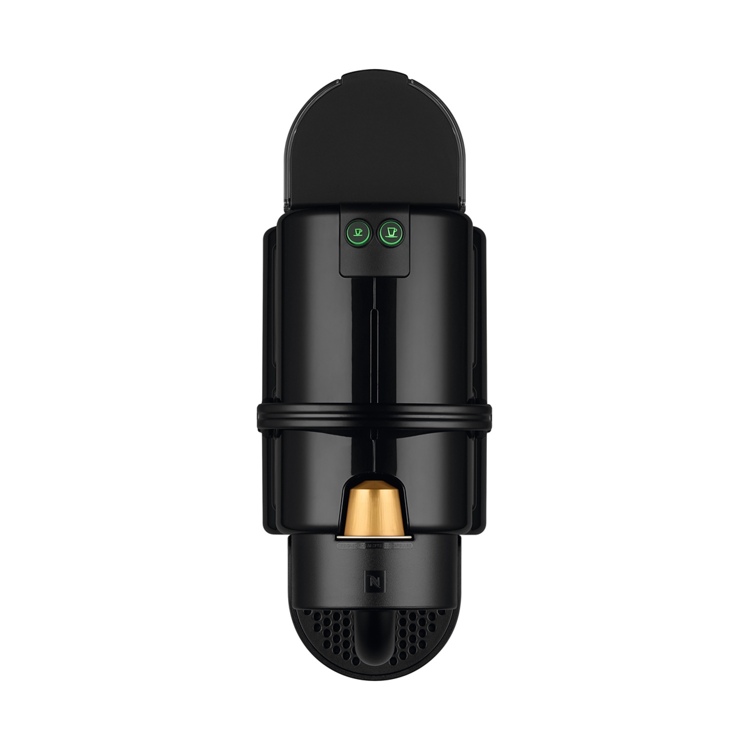 Macchina da caffè Nespresso nera con capsula inserita, vista dall'alto.