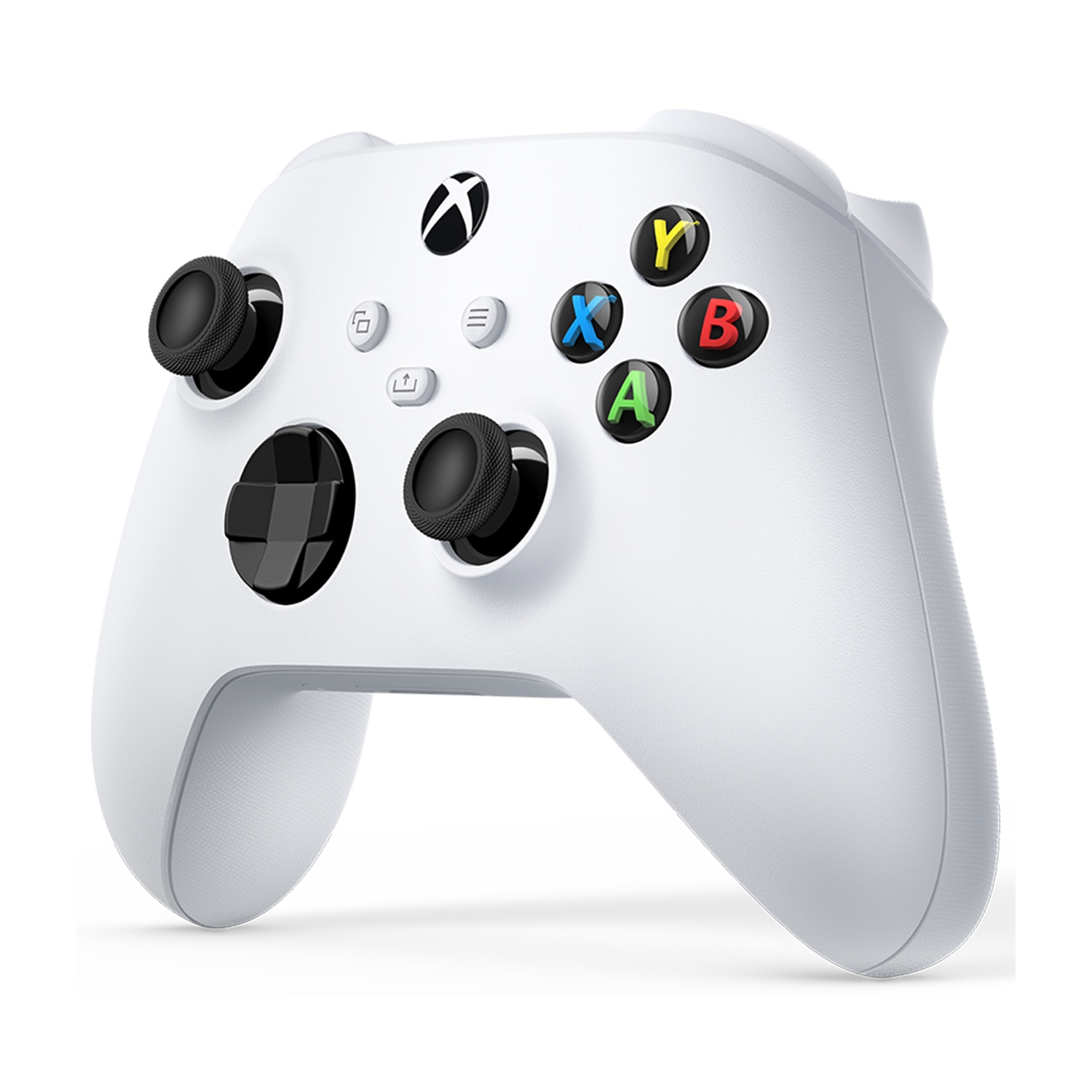 Un controller Xbox bianco con pulsanti colorati e joystick neri.