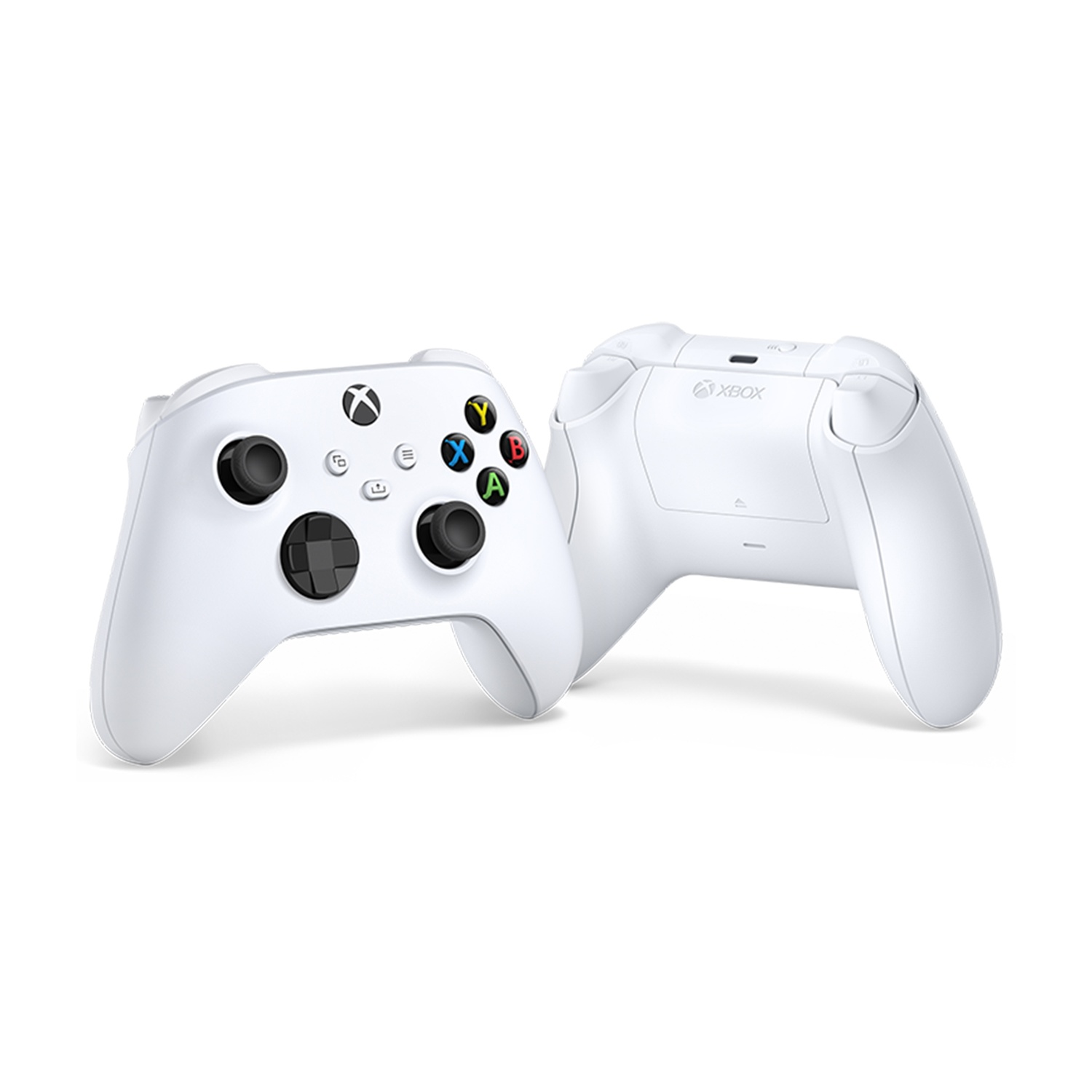 Due controller di gioco bianchi con pulsanti neri su una superficie bianca.