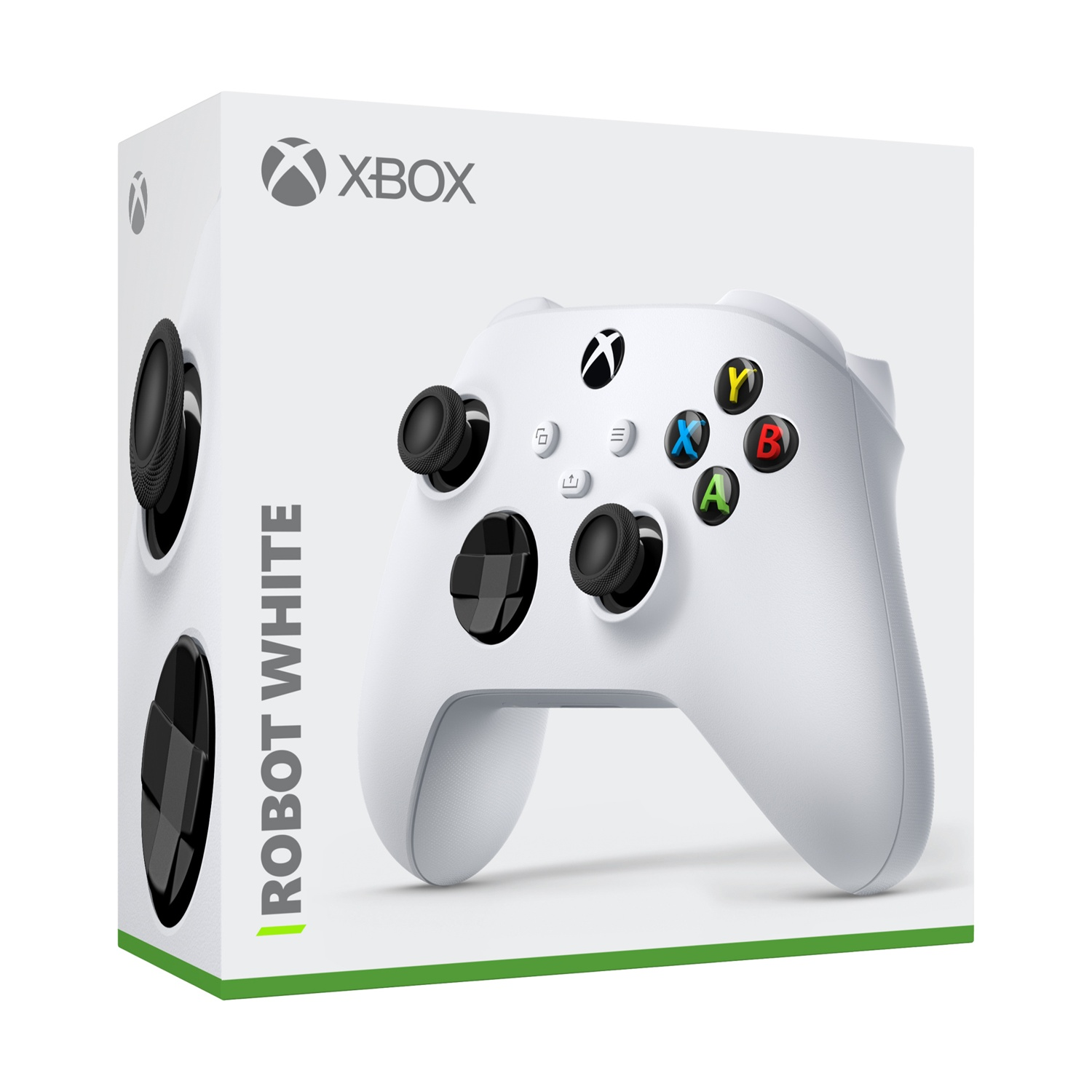 Controller Xbox Robot White bianco nella confezione, con pulsanti colorati.