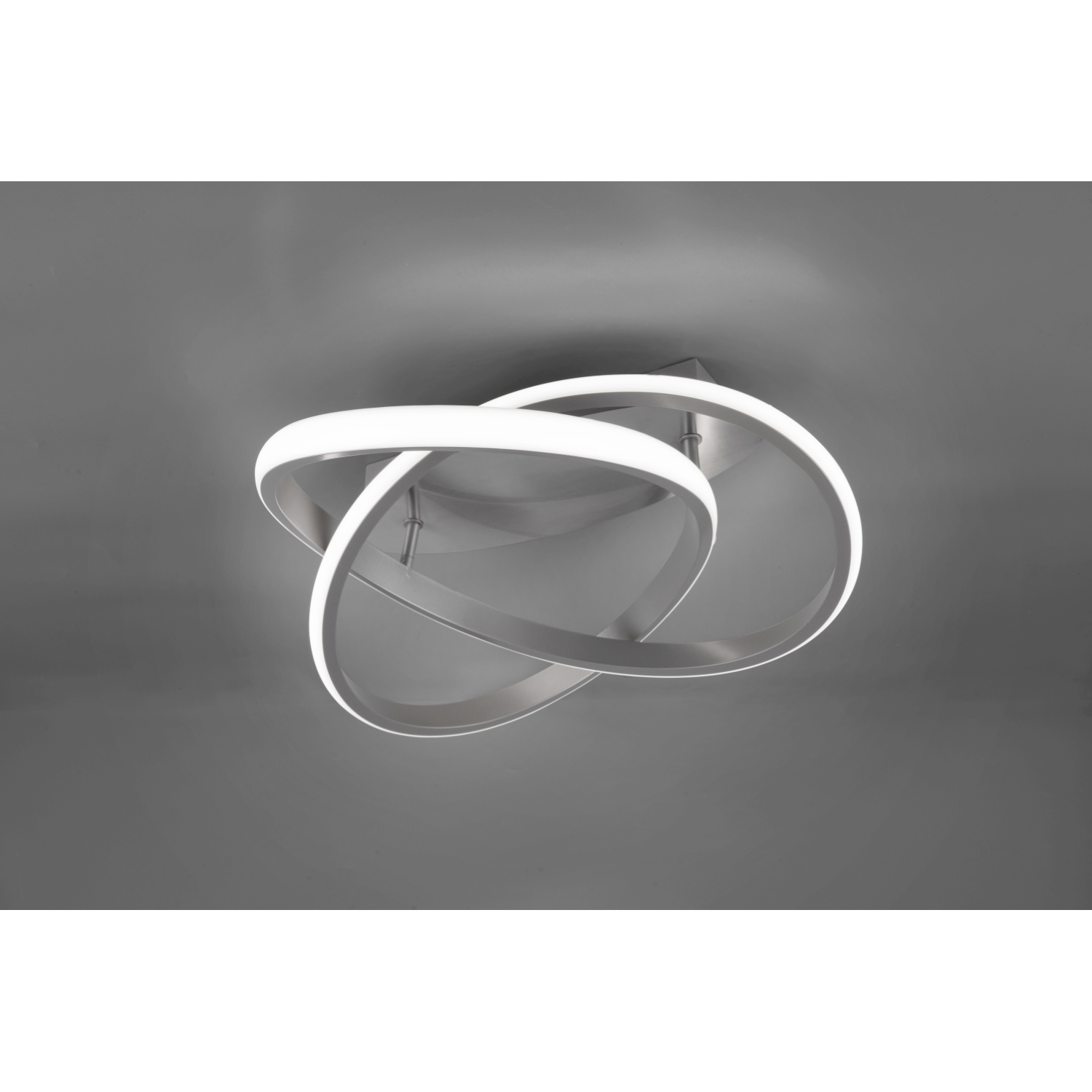Lampada da soffitto, design circolare, luce bianca, sfondo grigio.