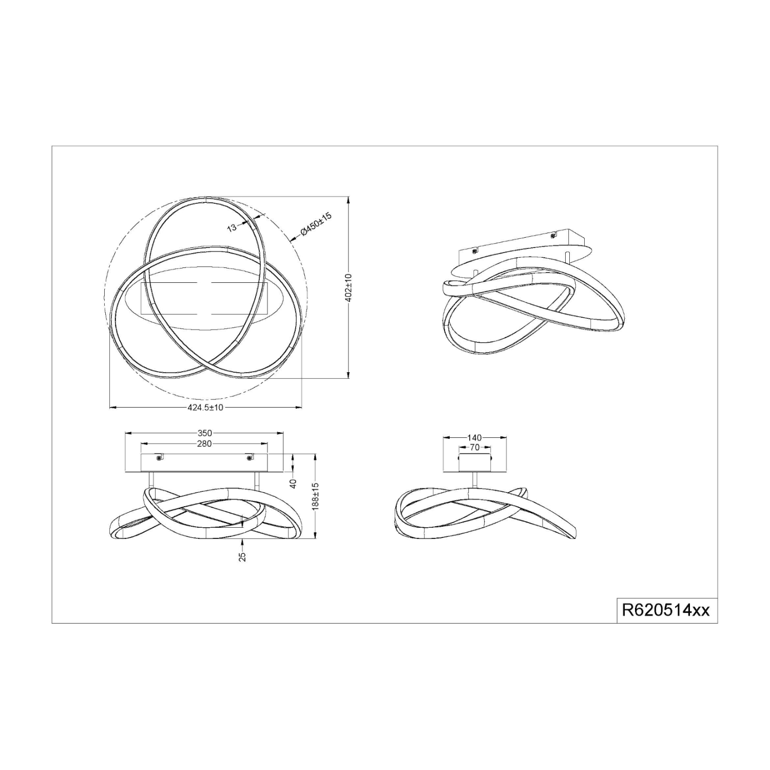 Disegno tecnico di un lampada da soffitto con misure e diverse viste.