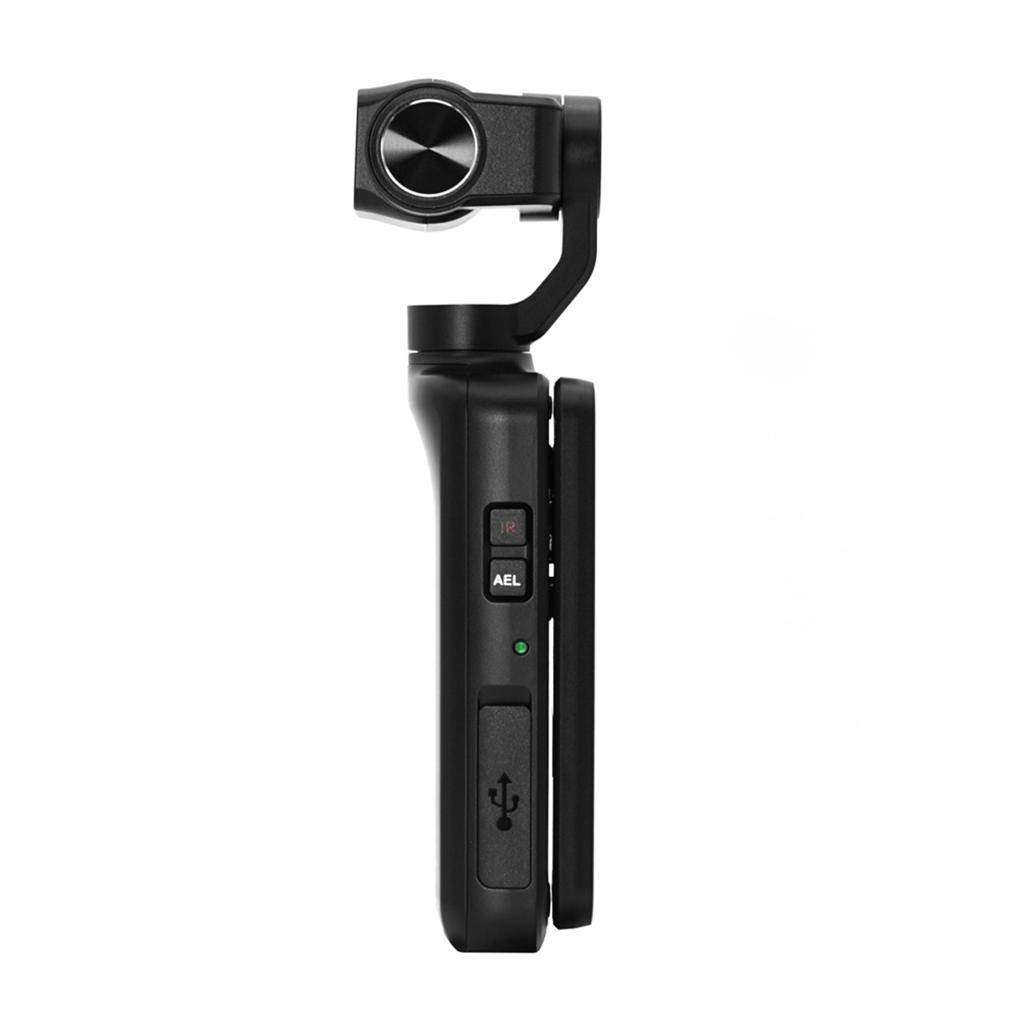Stabilizzatore per fotocamera portatile nero. Ha pulsanti e una porta USB. Su sfondo bianco.
