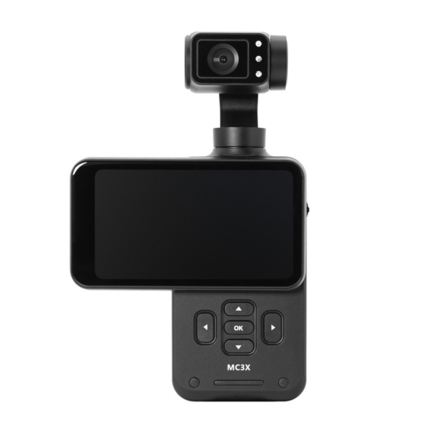 Una dashcam nera con schermo e pulsanti, vista dall'alto.