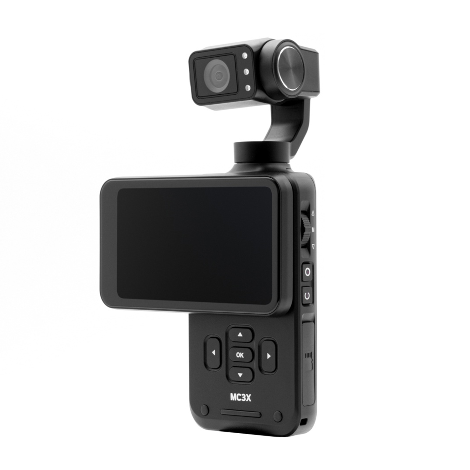 Una dash cam MC3X nera con schermo, pulsanti e obiettivo, su sfondo bianco.