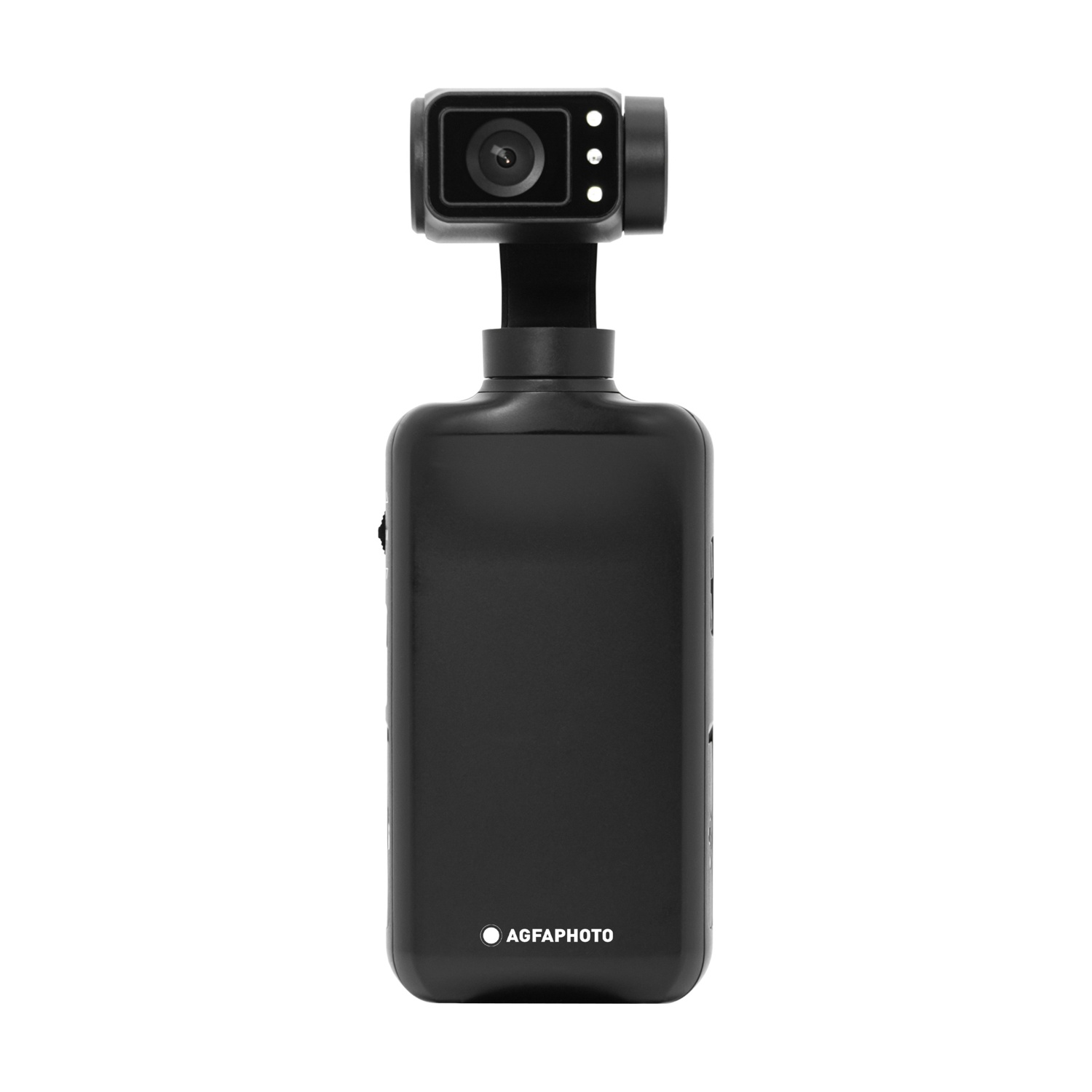 Fotocamera portatile nera con modulo fotocamera e maniglia. Include un logo.