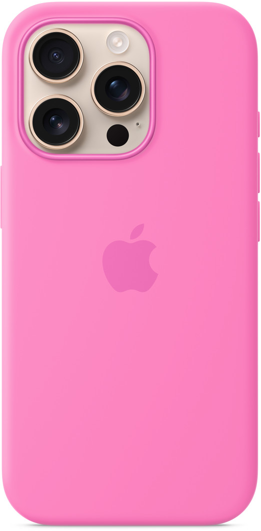 Egy rózsaszín iPhone tok kamerarendszerrel és Apple logóval. A tok sima és fényes.