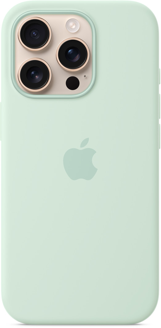 Mentazöld iPhone tok Apple logóval. Három lencsés kameradudorral és vakuval rendelkezik.