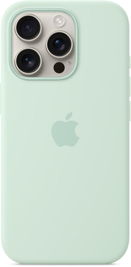 Menta színű telefontok Apple logóval. Három lencsés kamerarendszerrel és vakuval rendelkezik.