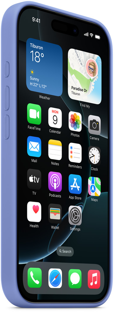 Egy iPhone képernyője időjárást, térképet és alkalmazásikonokat jelenít meg. Kék tok veszi körül a telefont. Az idő 9:41.
