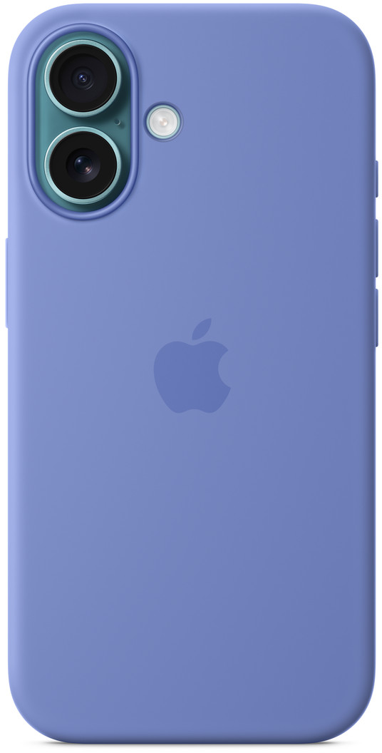 Egy lila telefontok Apple logóval és dupla objektívvel. Egy villanó látható. A tok sima.