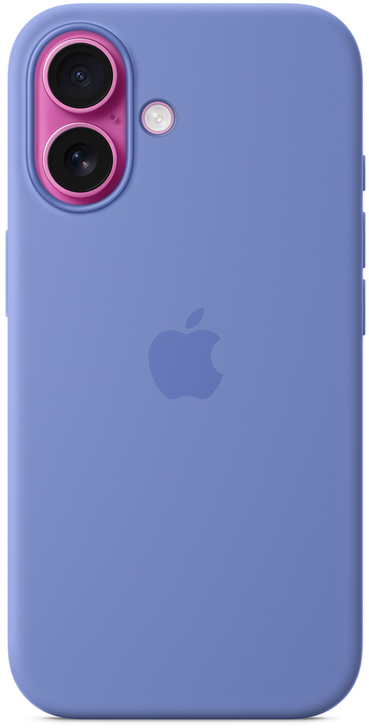 Kék telefontok rózsaszín kameraházzal. A középen egy Apple logó. A tok kettős lencsés kamerával és vakuval rendelkezik.
