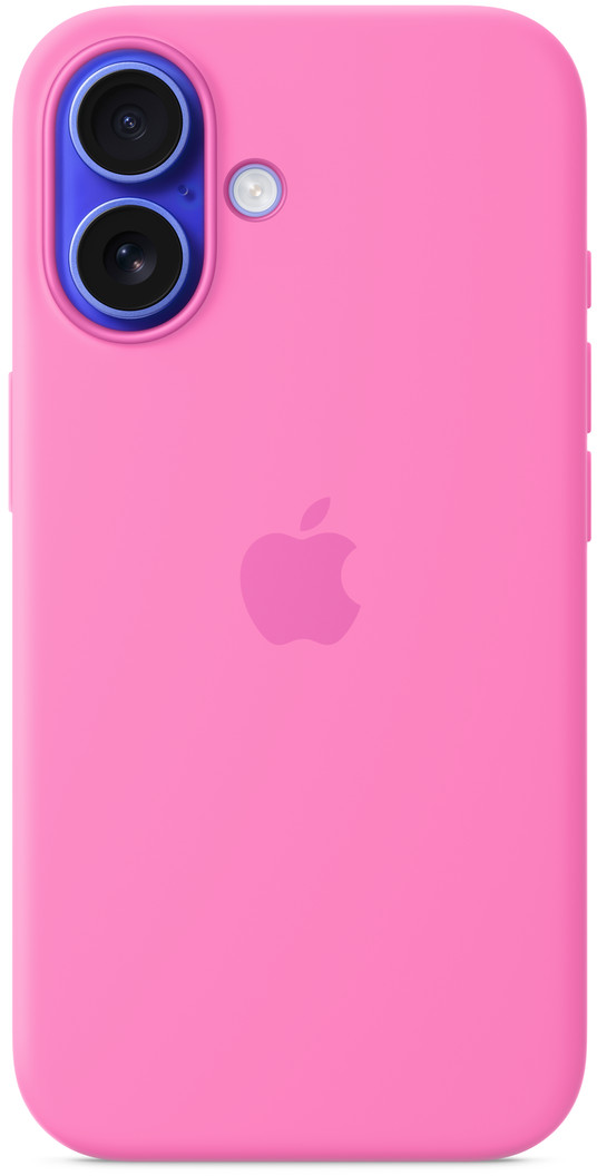 Rózsaszín telefontok kék kameramodullal és Apple logóval. A tok fényes felületű.