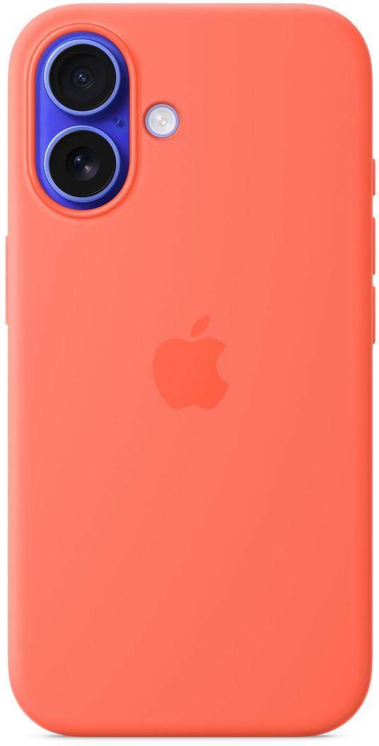 Korall színű telefontok dupla kamerával, vakuval és Apple logóval. Kék kameragyűrű. A tok sima és lekerekített élekkel rendelkezik.