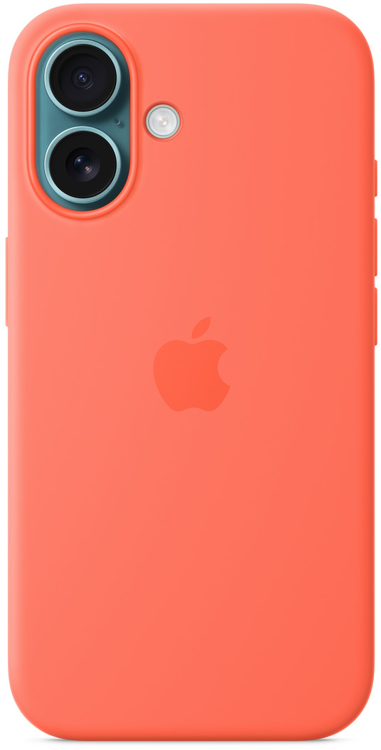 Korall színű telefontok kamerával, vakuval és Apple logóval. A tok sima és a háttér fehér.