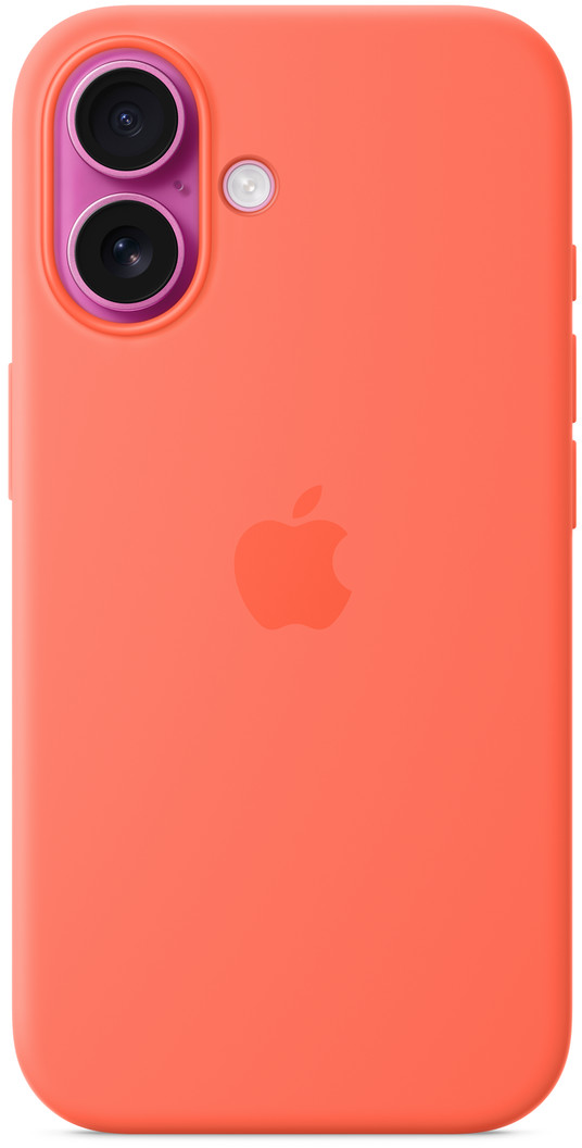 Korall színű telefontok kamerákkal. Az Apple logó látható. A tok sima felületű és lekerekített élekkel rendelkezik.