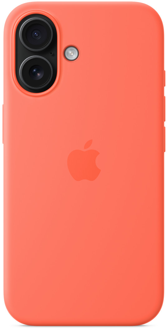 Korall színű telefontok két kamerával és vakuval. Az Apple logója középen van. A tok sima és lekerekített sarkokkal rendelkezik.