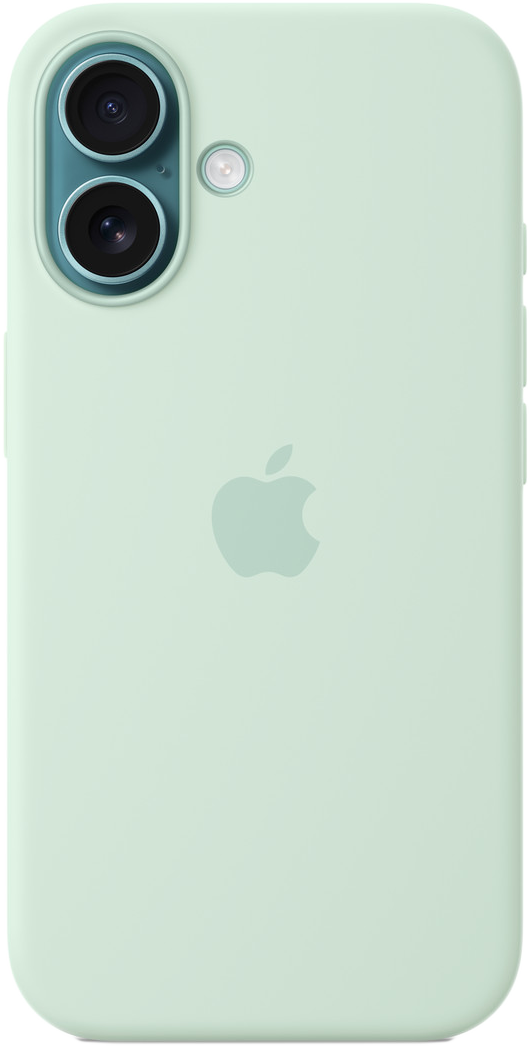 Világoszöld telefontok Apple logóval. A tokban két lencsés kameramodul és egy vaku található.