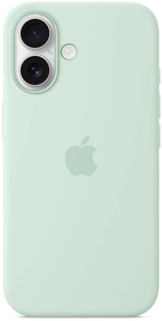 Világoszöld iPhone 11 tokkal. A hátoldalon egy Apple logó látható. A kamerának két lencséje és egy vakuja van. A tokon gombok vannak.