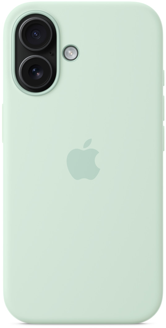Mentazöld telefontok Apple logóval. Két lencsés kameramodullal és vakuval rendelkezik.