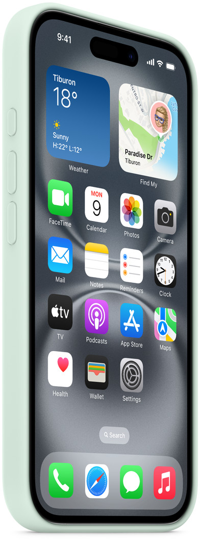 iPhone képernyő alkalmazásikonokkal, időjárás-widget Tiburon, Kalifornia, és 9:41 óra. A telefon zöld tokban van.