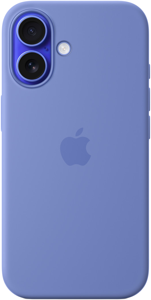 Kék-lila telefontok. Két kamerája és egy vakuja van felül. Az Apple logó a tok közepén található.