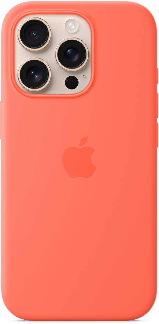 Korall színű iPhone tok, kamerákkal és Apple logóval. A tok felülete sima, élei lekerekítettek.