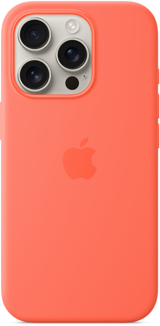 Korall színű iPhone, három objektívvel és Apple logóval. A telefon korall színű tokban van.