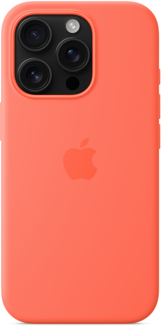 Korall iPhone tok, három lencsés kamerával és Apple logóval. A tok a telefont fedi.