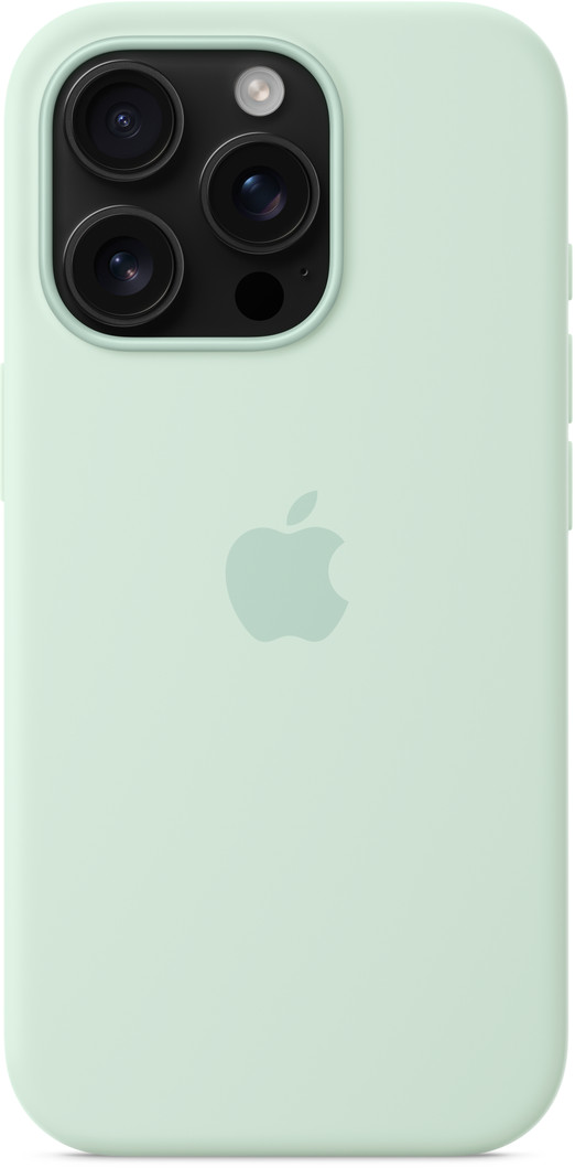 Egy világoszöld telefontok Apple logóval. Három kamerája és egy villanófénye van. A tok sima és lefedi a telefont.