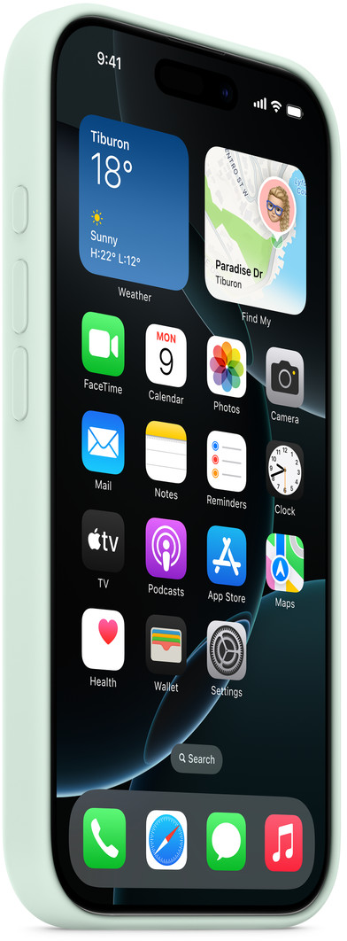 Az iPhone képernyője időjárást, alkalmazásokat és térképet mutat. 9:41 van. A telefon világoszöld tokkal rendelkezik.