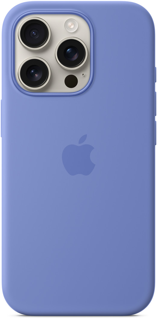 Egy kék iPhone tok, három kamerával és az Apple logójával.