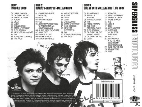 A Supergrass I Should Coco CD hátoldala, a zenekar fotójával és a számok listájával.