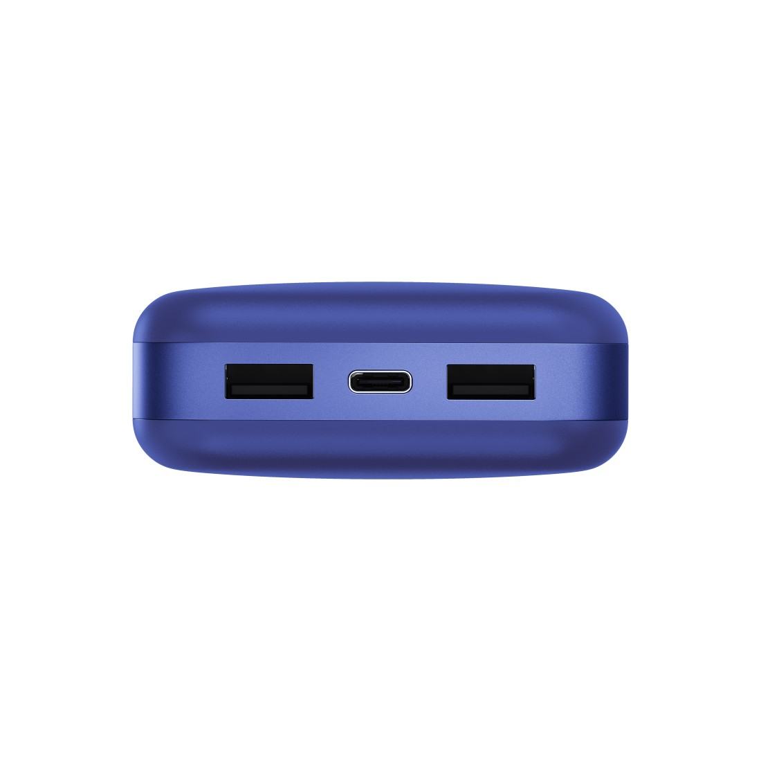 Blauer Powerbank mit zwei USB-Anschlüssen und einem USB-C-Anschluss.
