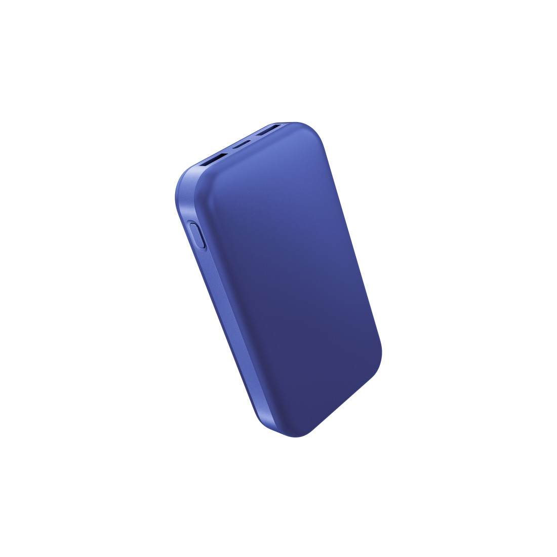 Ein lila Powerbank-Gerät auf weißem Hintergrund.