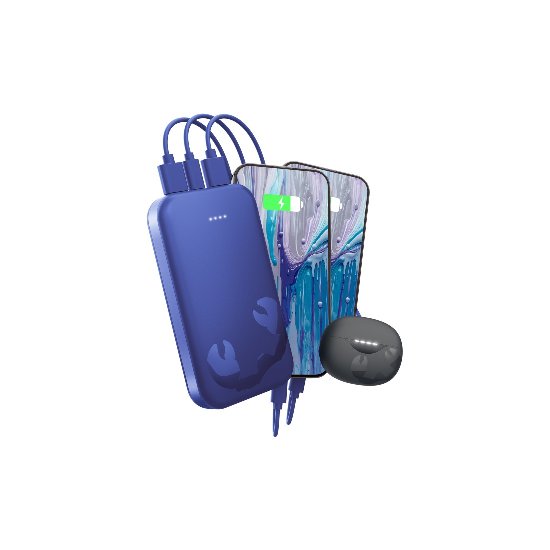 Blaue Powerbank mit Krabbenlogo lädt zwei Telefone und Ohrhörer.