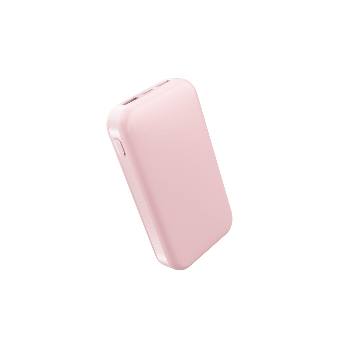 Ein kompakter, rosafarbener Powerbank mit zwei Anschlüssen und einem Knopf.