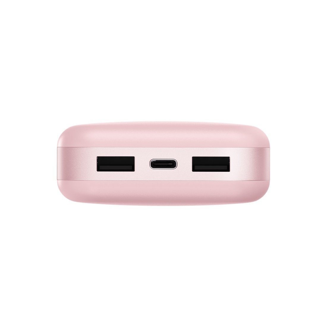 Ein rosafarbener Powerbank mit zwei USB-Anschlüssen und einem USB-C-Anschluss.