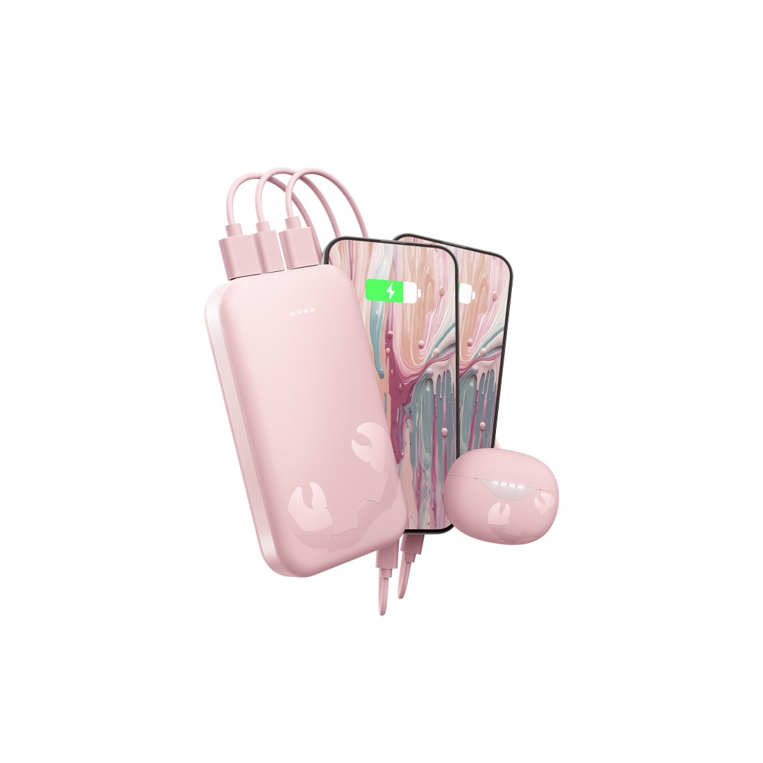 Ein rosa Powerbank mit drei Kabeln, zwei Handys und ein Ladeetui.