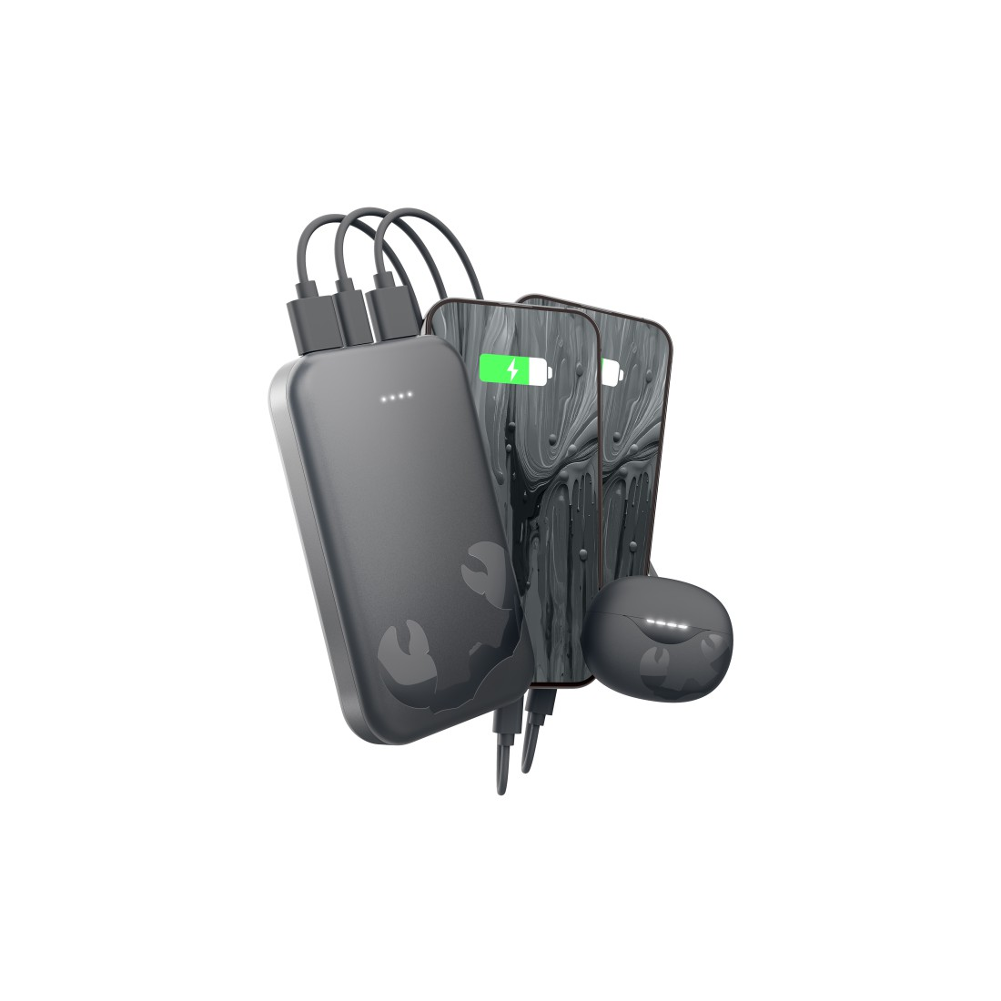 Graues Powerbank, zwei Smartphones und ein Ladecase mit Krebsmotiv.