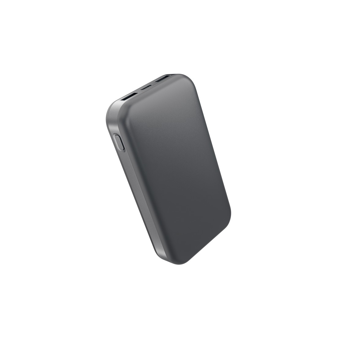 Ein dunkler, rechteckiger Powerbank mit abgerundeten Kanten, auf weißem Hintergrund.